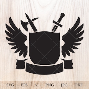 Family crest SVG template. Coat of arms SVG design. Shield with wings, sword SVG. Coat of arms clipart. Family crest svg