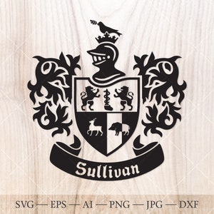 Sullivan Family crest. Coat of arms svg. Heraldic shield with lions, sword and ribbon banner SVG.