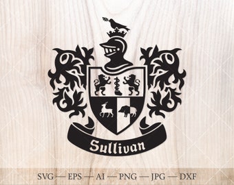 Sullivan Family crest. Coat of arms svg. Heraldic shield with lions, sword and ribbon banner SVG.
