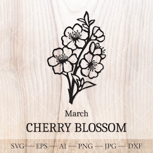 Fleur de cerisier SVG. Fleur de naissance mars SVG. Dessin du contour de la fleur du mois de naissance. Clipart fleur anniversaire