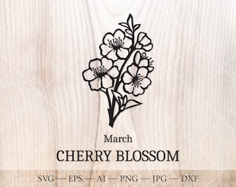 May include: Black and white silhouette of a cherry blossom branch with five flowers. The text "March CHERRY BLOSSOM" is below the image.  SVG - EPS - AI - PNG - JPG - DXF