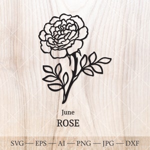 K&ouml;nnte beinhalten: Schwarz-wei&szlig;-Linienzeichnung einer Rose mit Bl&auml;ttern. Der Text "June ROSE" befindet sich unter dem Bild.