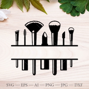 Marco de monograma dividido de maquillaje SVG. Maquillaje svg, herramienta de maquillaje monograma Svg. Lápiz labial svg, rímel svg, pincel de maquillaje svg. Artista de maquillaje svg