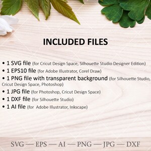 以下が含まれることがあります： デザインバンドルに含まれるデジタルファイルのリスト。ファイルはSVG、EPS、PNG、JPG、DXF、AI形式です。画像の上部に「INCLUDED FILES」というテキストがあります。