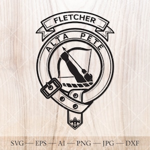 May include: Black and white illustration of a Scottish clan crest with the text "FLETCHER", "ALTA", and "PETE" around the crest.