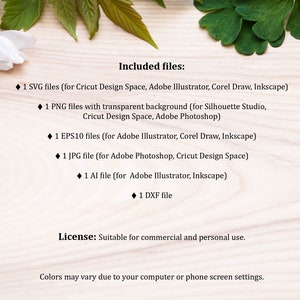 May include: A list of digital files included in a design bundle. The files are compatible with various design software programs, including Cricut Design Space, Adobe Illustrator, Corel Draw, and Inkscape. The licence is suitable for both commercial and personal use.