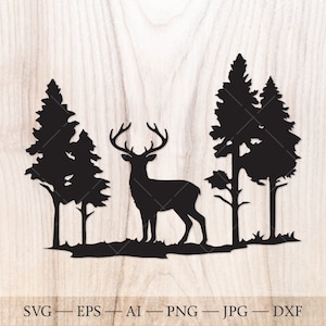 Hirsch Jäger SVG, Jagd svg. Hirsch SVG, Hirsch und Wald SVG geschnitten Datei. Wald svg, Kiefern svg, Wald svg. Draußen Reisen svg