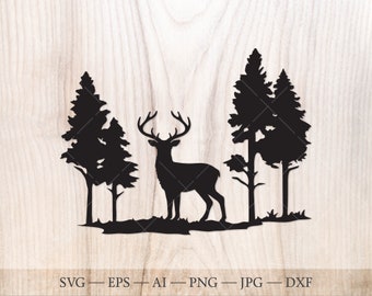May include: Black silhouette of a deer standing in a forest with two pine trees behind it.