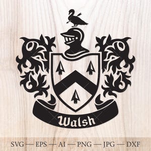 Familiewapen Walsh. Wapenschild svg. Heraldisch schild met chevron en drie pijlpunten en lintbanners SVG.