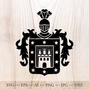 Stemma della famiglia Serrano SVG. Stemma SVG. Scudo araldico con fortezza, elmo da cavaliere e ornamenti floreali SVG.