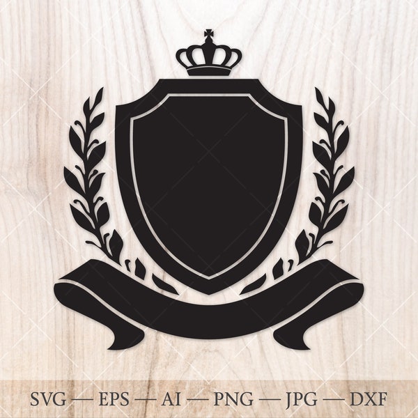 Shield with crown and laurel wreath SVG. Family crest logo. Coat of arms svg.