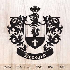 May include: A black and white family crest design with a helmet, squirrel, and fleur-de-lis. The name "Deckard" is displayed on a banner. The design is set against a light wood grain background. File formats include SVG, EPS, AI, PNG, JPG, and DXF.