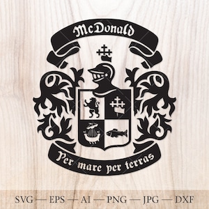 Blason de la famille McDonald. Armoiries svg. Bouclier héraldique avec lymphad, croix, lion et poisson, bannières de ruban SVG.