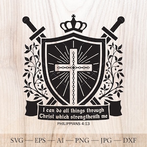 Bible verse SVG Christian SVG Shield with Jesus cross, swords and ribbon SVG.