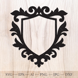 Family crest SVG Template – Heraldic Shield with floral mantling. Coat of arms SVG template. Family crest clipart