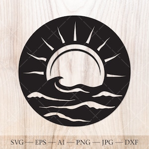 Sun and ocean waves SVG Cut File. Sunrise over ocean svg. Sunrise svg, Sunset svg, sea svg, sunset on water svg.