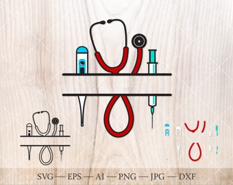 Stethoscope split monogram frame SVG Layered for cutting in 5 colors, nurse monogram frame svg, syringe svg, thermometer monogram frame