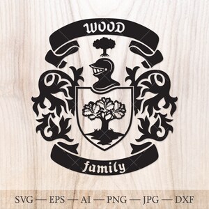 May include: Black and white silhouette of a coat of arms with the word "Wood" above a tree and the word "Family" below. The coat of arms features a tree, a helmet, and a banner.