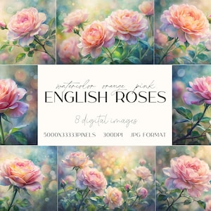 Aquarel oranjeroze Engelse rozen. Set van 8 digitale JPG-afbeeldingen. Bloemen botanische rozenkunst | Digitaal plakboekpapier | Pagina's met ongewenste dagboeken