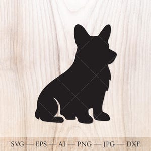 Op de afbeelding: Een zwart silhouet van een Corgi-hond in zittende positie. De oren van de hond staan rechtop en de staart is niet zichtbaar. De afbeelding staat tegen een lichte houtnerf achtergrond. De onderkant van de afbeelding bevat bestandsafkortingen: SVG, EPS, AI, PNG, JPG en DXF.
