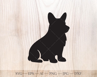 Op de afbeelding: Een zwart silhouet van een Corgi-hond in zittende positie. De oren van de hond staan rechtop en de staart is niet zichtbaar. De afbeelding staat tegen een lichte houtnerf achtergrond. De onderkant van de afbeelding bevat bestandsafkortingen: SVG, EPS, AI, PNG, JPG en DXF.