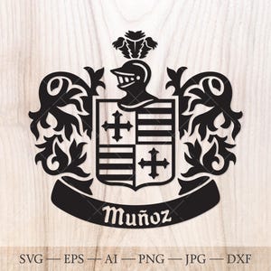 Escudo de la familia Muñoz SVG. Escudo de armas SVG. Escudo cuartelado con cruces floreadas y tres bandas, casco de caballero SVG.