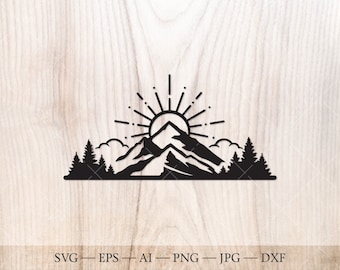 May include: Black and white silhouette of a mountain range with a sun rising behind it. There are trees in the foreground and clouds in the background.
