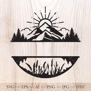 Mountain, sun, lake and forest Monogram SVG, Forest Split Name Frame SVG Cut File. Mountains svg, Forest svg. Outdoors svg
