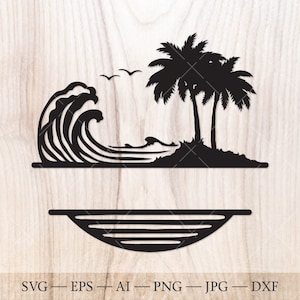 Cornice divisa in formato SVG, palme e onde in formato SVG, palma in formato SVG. Monogramma scena estiva in formato SVG, isola tropicale in formato SVG, vacanze in formato SVG.