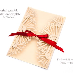 Modèle SVG 5 x 7 d'invitation de mariage tournesol Cricut SVG. Carte pré-découpée en papier plié avec tournesol. Modèle numérique de découpe de papier