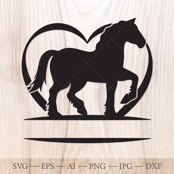 Draft Horse Heart SVG Split Name Frame SVG, Horse Monogram Cut File. Horse love svg clip art, Shire Horse, Belgian Horse SVG. Clydesdale svg