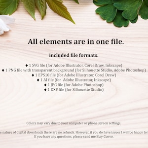 K&ouml;nnte beinhalten: Eine digitale Download-Liste f&uuml;r einen Satz von Grafikdesign-Dateien. Die Liste enth&auml;lt eine SVG-, eine PNG-, eine EPS10-, eine AI-, eine JPG- und eine DXF-Datei. Die Dateien sind kompatibel mit Adobe Illustrator, Corel Draw, Inkscape, Silhouette Studio und Adobe Photoshop. Der Text auf dem Bild lautet "Alle Elemente sind in einer Datei. Enthaltene Dateiformate:"