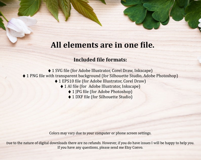 K&ouml;nnte beinhalten: Eine digitale Download-Liste f&uuml;r einen Satz von Grafikdesign-Dateien. Die Liste enth&auml;lt eine SVG-, eine PNG-, eine EPS10-, eine AI-, eine JPG- und eine DXF-Datei. Die Dateien sind kompatibel mit Adobe Illustrator, Corel Draw, Inkscape, Silhouette Studio und Adobe Photoshop. Der Text auf dem Bild lautet "Alle Elemente sind in einer Datei. Enthaltene Dateiformate:"
