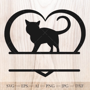 Coeur de chat SVG, chat Split nom cadre SVG, fichier de coupe monogramme chat. Image clipart chat amour svg, tête de chat svg, SVG félin, clipart chat