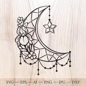 Februar Geburt Blume Kristall Mond SVG. Floral Mond und Stern SVG, Iris und Violet Halbmond svg, Halbmond svg. Mond Traumfänger svg.