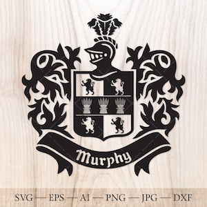 Familiewapen van Murphy. Wapenschild-svg. Heraldisch schild met leeuwen en schoven, lintbanner SVG.