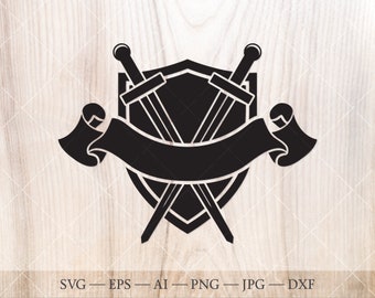 May include: Black and white silhouette of a shield with two swords crossed behind it. A black banner with a blank space for text is wrapped around the swords and shield.