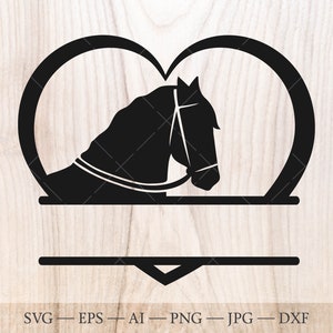 Paardenhart SVG, paard split naamlijst SVG, paard monogram gesneden bestand. Paard liefde svg-illustraties, paardenhoofd svg, paardensport SVG, paard clipart