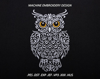 Ornamental Owl Machine Embroidery Design for Dark Fabrics (Digital Download)