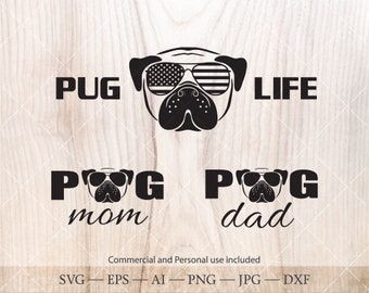 Pug in aviator sunglasses svg. Pug mom svg. Pug dad svg. Pug life svg