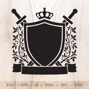 Shield with crown, crossed swords and laurel branches SVG. Coat of arms svg clipart. Family crest logo.