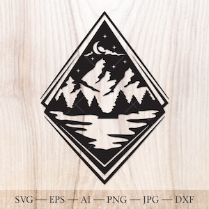 Mountains SVG moon and forest SVG Cut File. Moon and stars svg, mountain range and lake svg, Outdoors svg. Geometric mountains scene svg