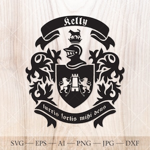 Familiewapen van Kelly. Wapenschild-svg. Heraldisch schild met leeuwen en toren, lintbanners SVG.