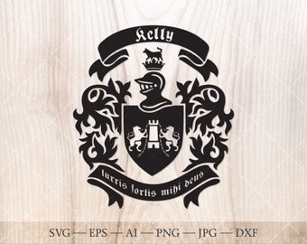 Kelly Family crest. Coat of arms svg. Heraldic shield with lions and tower, ribbon banners SVG.