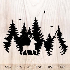 Forêt SVG, svg de cerf. Silhouette de la limite des arbres de Noël fichier de coupe SVG. Scène de cerf svg. Pin svg, svg Woods. Forêt à feuilles persistantes arbre svg