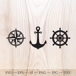 Set SVG di silhouette nautiche. Timone, silhouette di ancora, bussola rosa dei venti