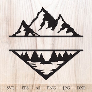 Berg, See und Wald Monogramm SVG, Wald Split Namen Rahmen SVG geschnitten Datei. Berge svg, Wald svg. Im Freien svg