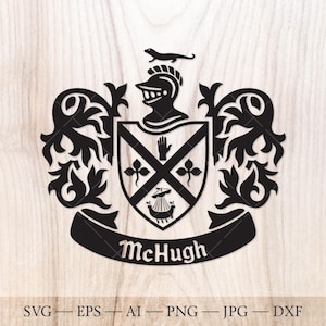 May include: Black family crest design featuring a knight's helmet, a lizard, and a banner with the name "McHugh". The crest includes a shield with a hand, a cross, and a boat. The design is set against a light wood grain background.