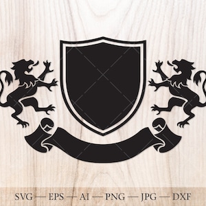 Family crest SVG - Knight shield with lions and ribbon banner SVG. Coat of arms SVG template. Family crest clipart