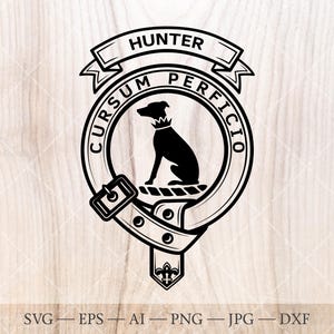May include: Black and white Hunter family crest design. The crest features a dog silhouette wearing a crown, surrounded by a circular emblem with the text "CURSUM PERFICI0" and "HUNTER". The design includes a belt and buckle.